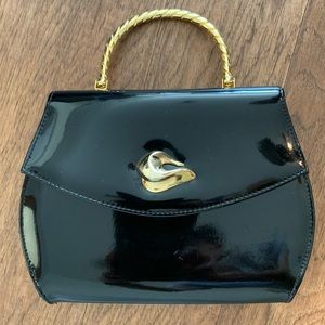 Vintage Black Patent Leather Gold Accent Purse Handbag